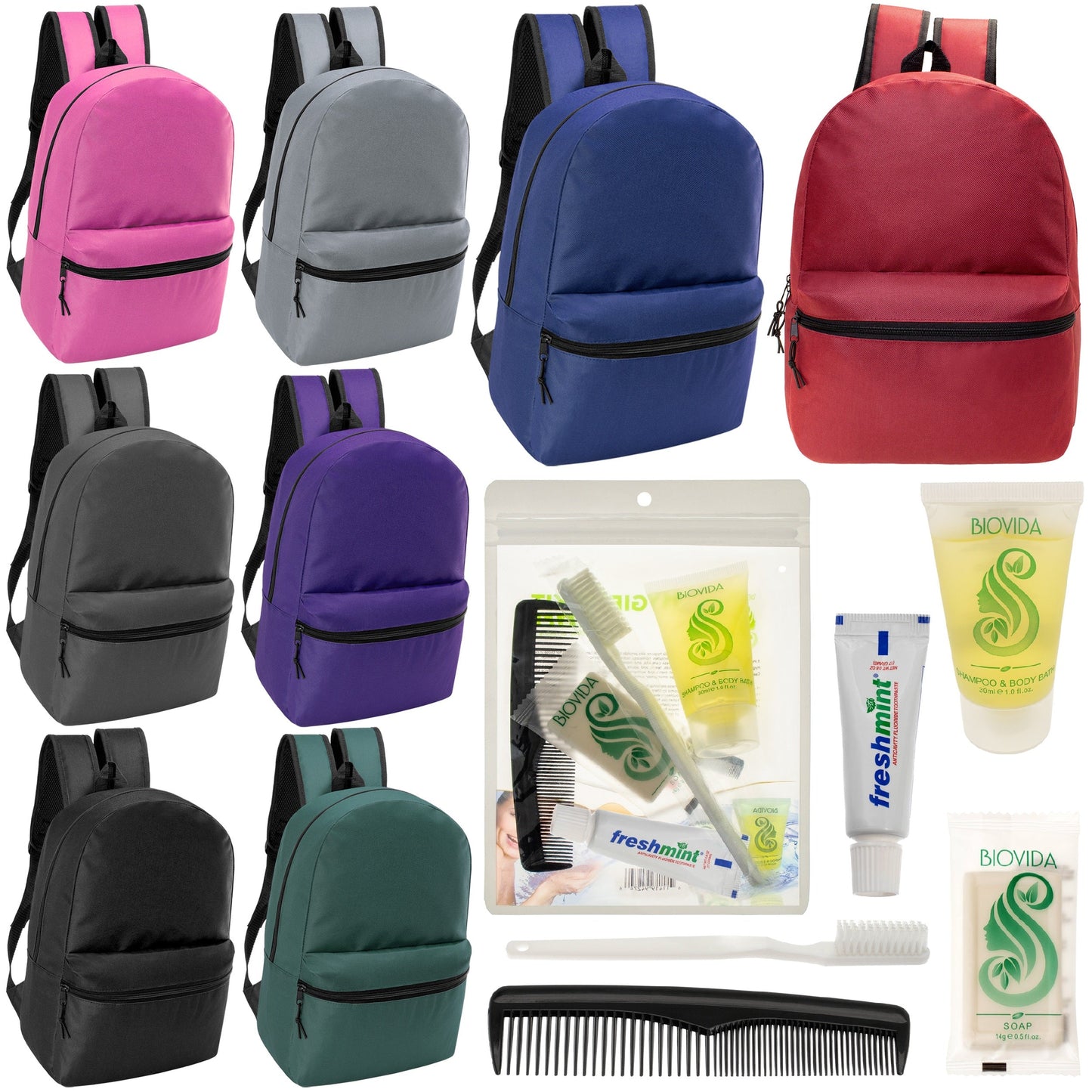 12 klassische 17 'Rucksäcke in 8 verschiedenen Farben & Ihre Wahl von 12 Bulk Hygiene Kits - Wholesale PFLEGE Package: Obdachlos, Notfall, Wohltätigkeit