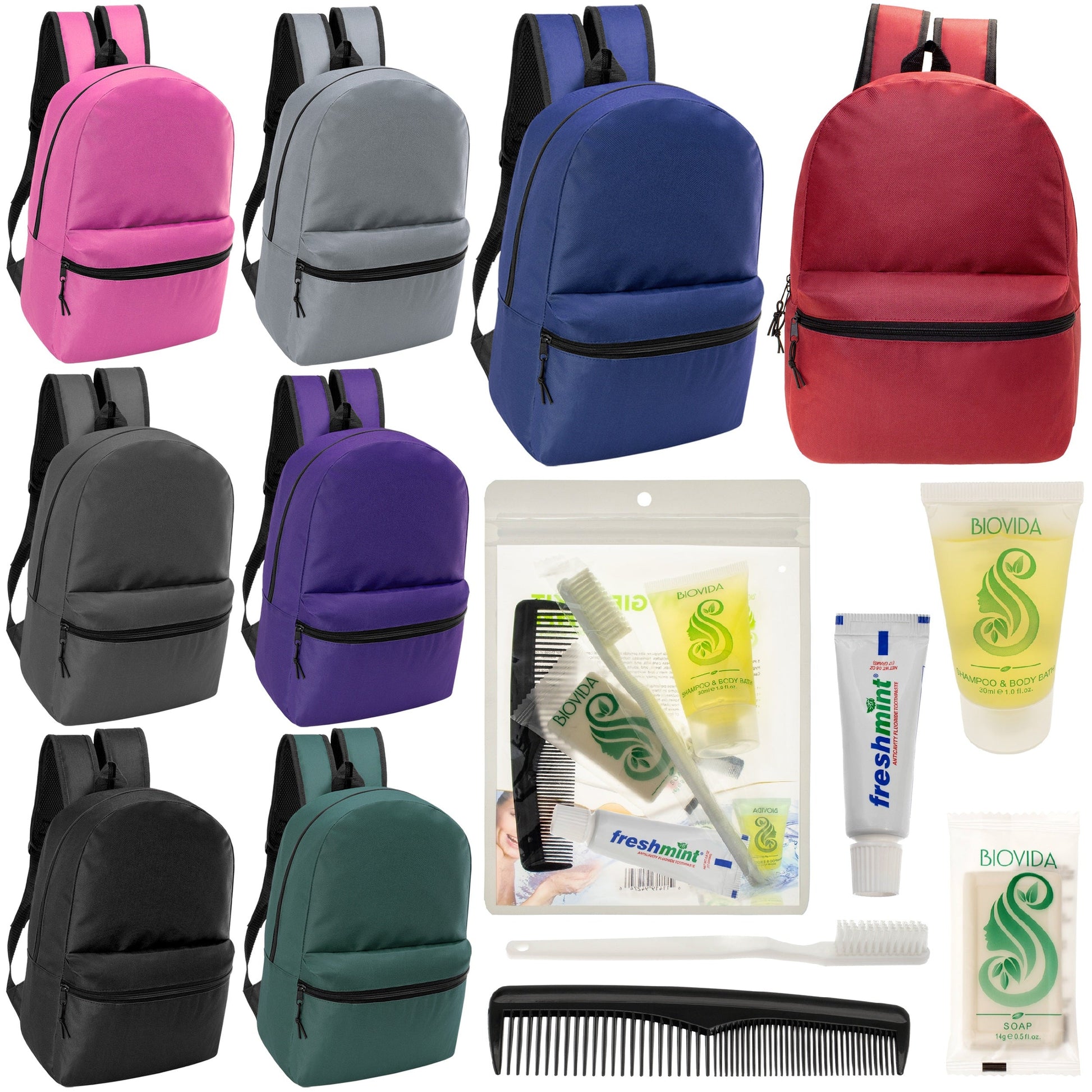 12 klassische 17 'Rucksäcke in 8 verschiedenen Farben & Ihre Wahl von 12 Bulk Hygiene Kits - Wholesale PFLEGE Package: Obdachlos, Notfall, Wohltätigkeit