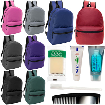 12 klassische 17 'Rucksäcke in 8 verschiedenen Farben & Ihre Wahl von 12 Bulk Hygiene Kits - Wholesale PFLEGE Package: Obdachlos, Notfall, Wohltätigkeit
