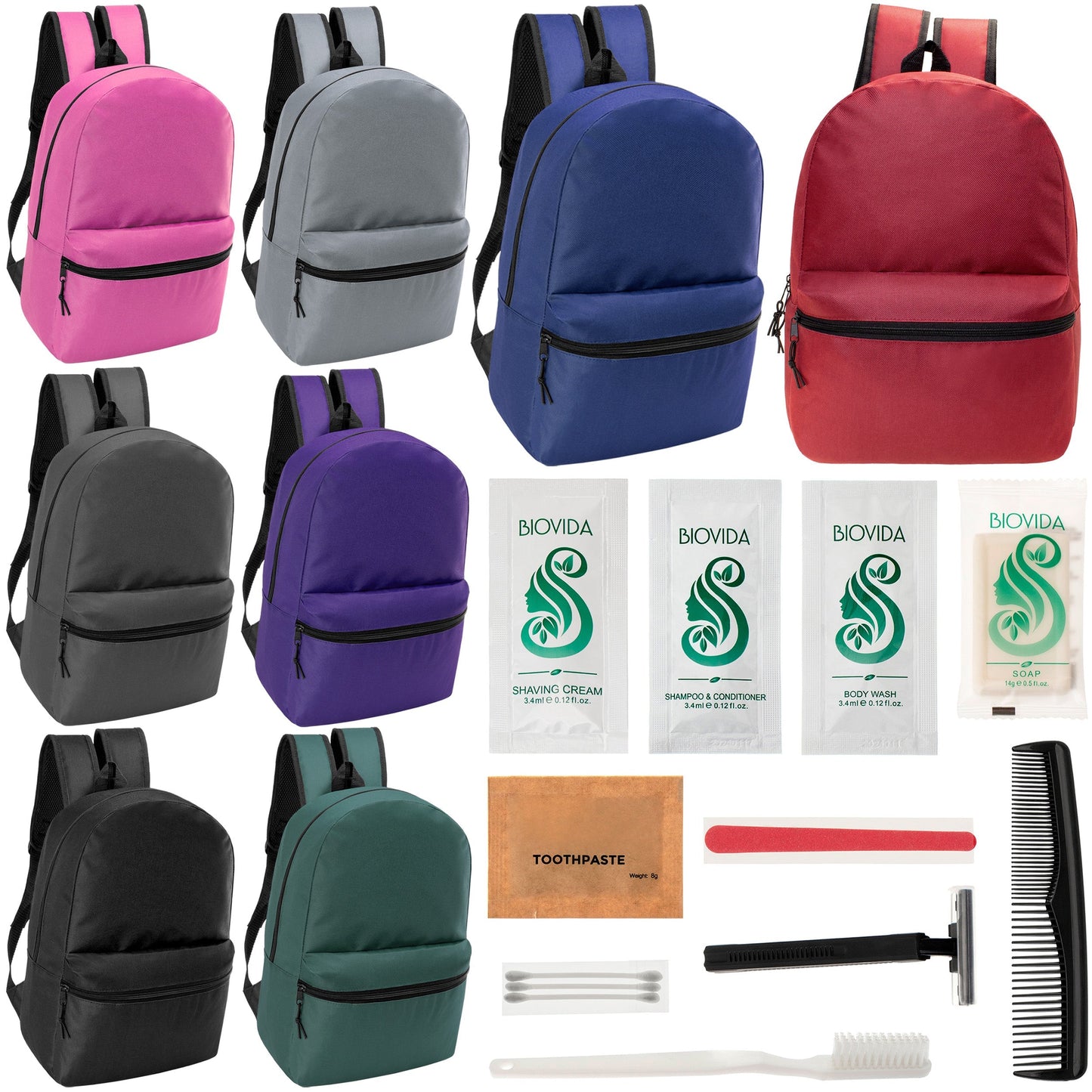12 klassische 17 'Rucksäcke in 8 verschiedenen Farben & Ihre Wahl von 12 Bulk Hygiene Kits - Wholesale PFLEGE Package: Obdachlos, Notfall, Wohltätigkeit