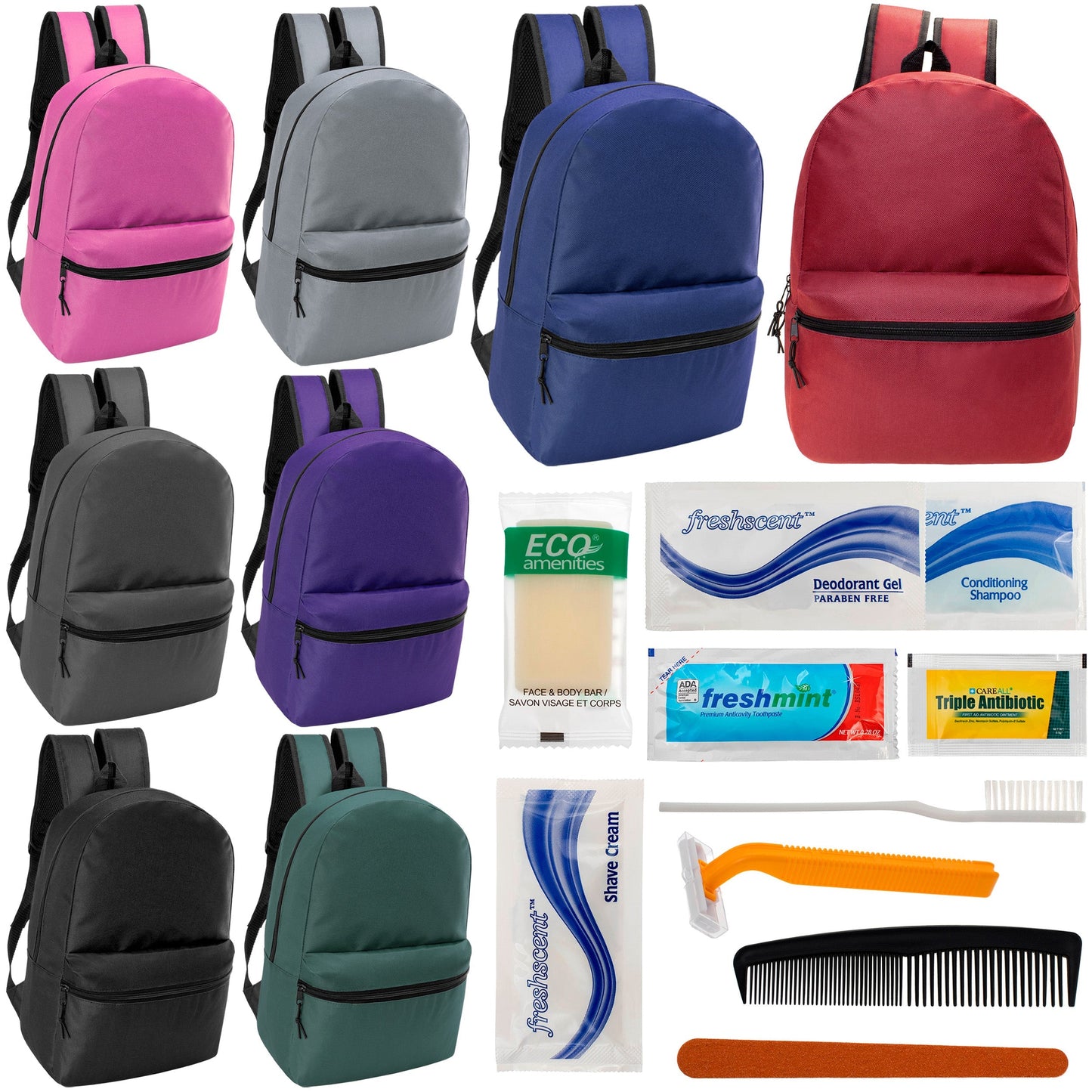12 klassische 17 'Rucksäcke in 8 verschiedenen Farben & Ihre Wahl von 12 Bulk Hygiene Kits - Wholesale PFLEGE Package: Obdachlos, Notfall, Wohltätigkeit