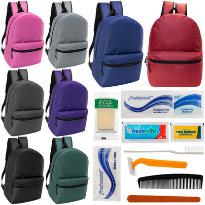 12 klassische 17 'Rucksäcke in 8 verschiedenen Farben & Ihre Wahl von 12 Bulk Hygiene Kits - Wholesale PFLEGE Package: Obdachlos, Notfall, Wohltätigkeit
