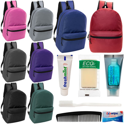 12 klassische 17 'Rucksäcke in 8 verschiedenen Farben & Ihre Wahl von 12 Bulk Hygiene Kits - Wholesale PFLEGE Package: Obdachlos, Notfall, Wohltätigkeit
