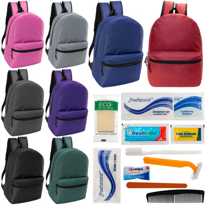 12 klassische 17 'Rucksäcke in 8 verschiedenen Farben & Ihre Wahl von 12 Bulk Hygiene Kits - Wholesale PFLEGE Package: Obdachlos, Notfall, Wohltätigkeit