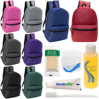 12 klassische 17 'Rucksäcke in 8 verschiedenen Farben & Ihre Wahl von 12 Bulk Hygiene Kits - Wholesale PFLEGE Package: Obdachlos, Notfall, Wohltätigkeit