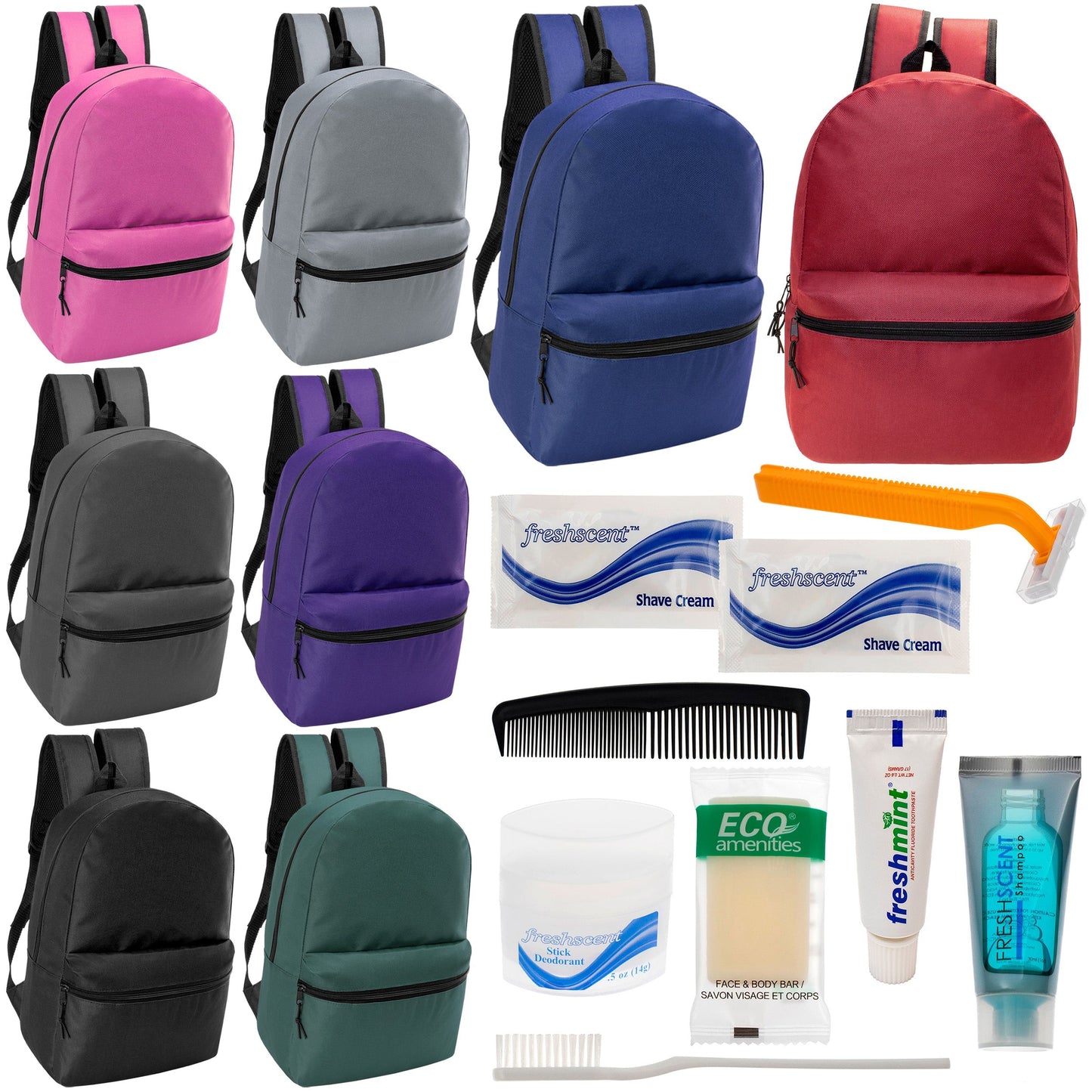 12 klassische 17 'Rucksäcke in 8 verschiedenen Farben & Ihre Wahl von 12 Bulk Hygiene Kits - Wholesale PFLEGE Package: Obdachlos, Notfall, Wohltätigkeit