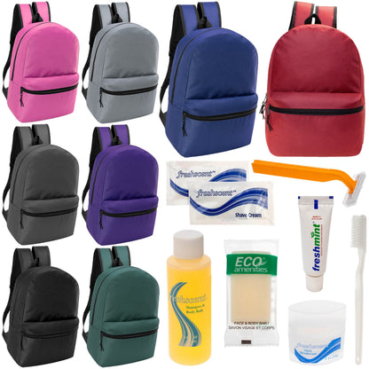 12 klassische 17 'Rucksäcke in 8 verschiedenen Farben & Ihre Wahl von 12 Bulk Hygiene Kits - Wholesale PFLEGE Package: Obdachlos, Notfall, Wohltätigkeit
