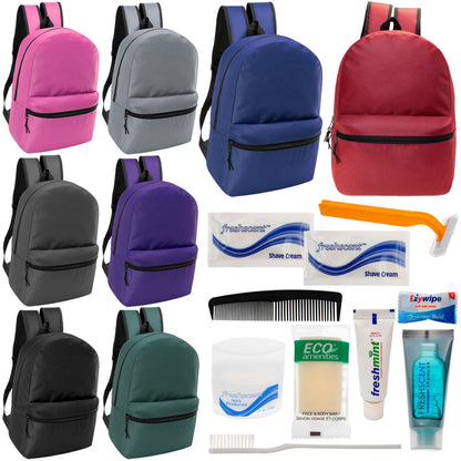 12 klassische 17 'Rucksäcke in 8 verschiedenen Farben & Ihre Wahl von 12 Bulk Hygiene Kits - Wholesale PFLEGE Package: Obdachlos, Notfall, Wohltätigkeit