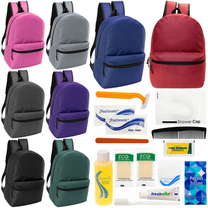 12 klassische 17 'Rucksäcke in 8 verschiedenen Farben & Ihre Wahl von 12 Bulk Hygiene Kits - Wholesale PFLEGE Package: Obdachlos, Notfall, Wohltätigkeit