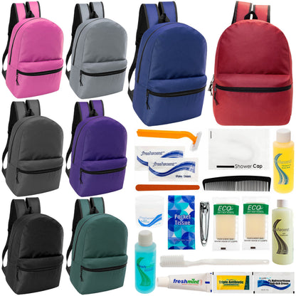 12 klassische 17 'Rucksäcke in 8 verschiedenen Farben & Ihre Wahl von 12 Bulk Hygiene Kits - Wholesale PFLEGE Package: Obdachlos, Notfall, Wohltätigkeit