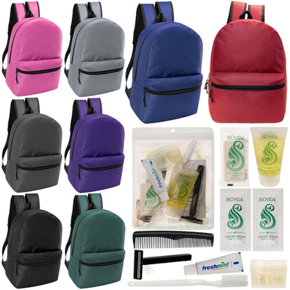 12 klassische 17 'Rucksäcke in 8 verschiedenen Farben & Ihre Wahl von 12 Bulk Hygiene Kits - Wholesale PFLEGE Package: Obdachlos, Notfall, Wohltätigkeit