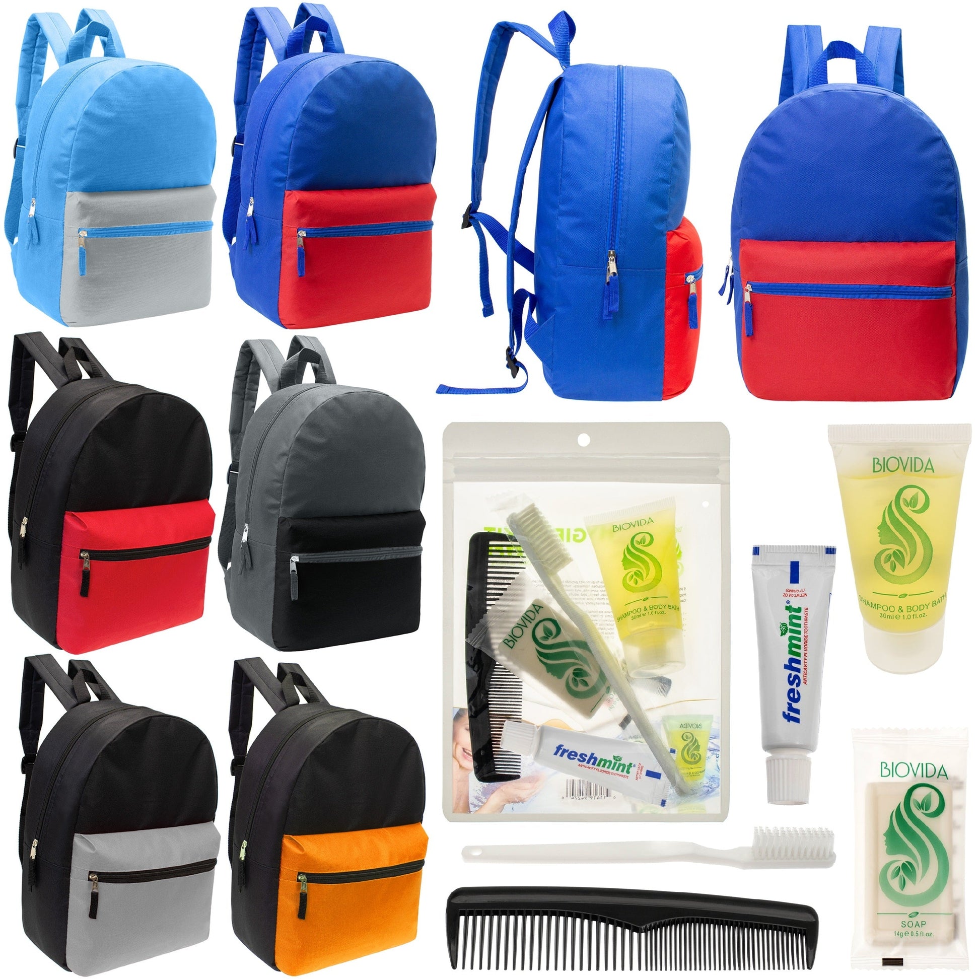 12 17 'Klassische Rucksäcke in 6 zwei Tonfarben & Ihre Wahl von 12 Bulk Hygiene Kits - Wholesale PFLEGE Package: Obdachlos, Notfall, Wohltätigkeit