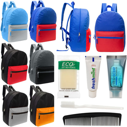 12 17 'Klassische Rucksäcke in 6 zwei Tonfarben & Ihre Wahl von 12 Bulk Hygiene Kits - Wholesale PFLEGE Package: Obdachlos, Notfall, Wohltätigkeit