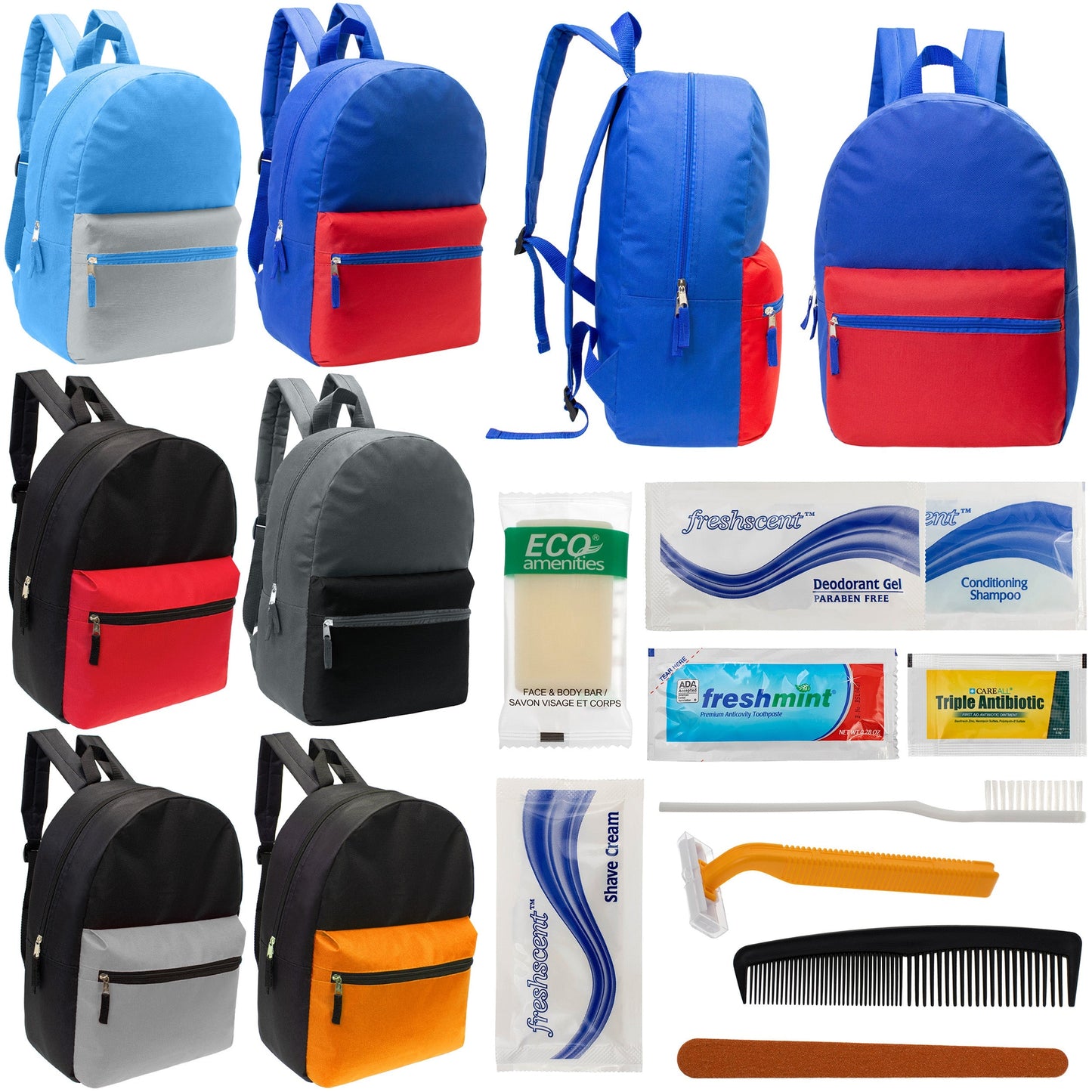 12 17 'Klassische Rucksäcke in 6 zwei Tonfarben & Ihre Wahl von 12 Bulk Hygiene Kits - Wholesale PFLEGE Package: Obdachlos, Notfall, Wohltätigkeit