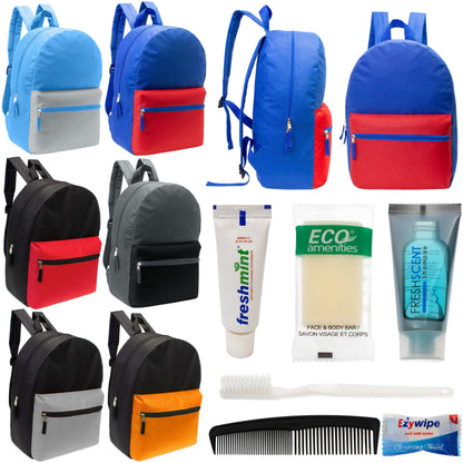 12 17 'Klassische Rucksäcke in 6 zwei Tonfarben & Ihre Wahl von 12 Bulk Hygiene Kits - Wholesale PFLEGE Package: Obdachlos, Notfall, Wohltätigkeit
