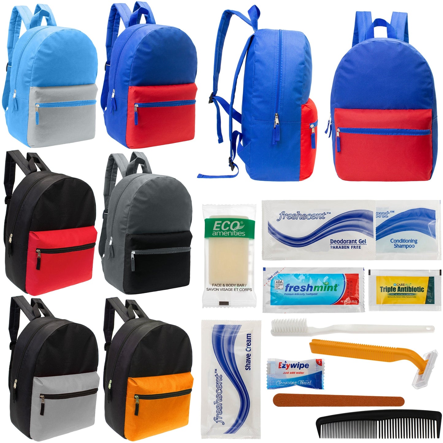 12 17 'Klassische Rucksäcke in 6 zwei Tonfarben & Ihre Wahl von 12 Bulk Hygiene Kits - Wholesale PFLEGE Package: Obdachlos, Notfall, Wohltätigkeit