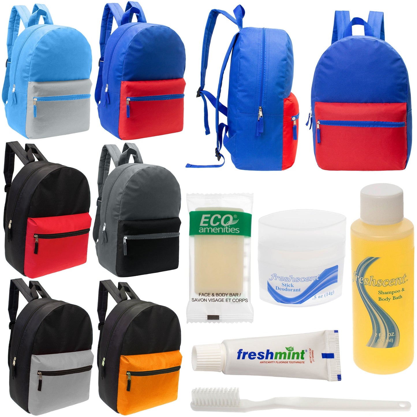 12 17 'Klassische Rucksäcke in 6 zwei Tonfarben & Ihre Wahl von 12 Bulk Hygiene Kits - Wholesale PFLEGE Package: Obdachlos, Notfall, Wohltätigkeit
