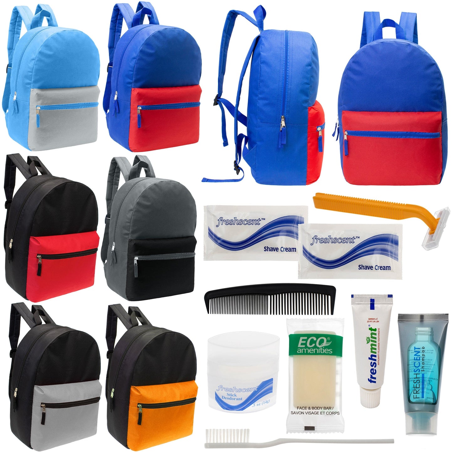 12 17 'Klassische Rucksäcke in 6 zwei Tonfarben & Ihre Wahl von 12 Bulk Hygiene Kits - Wholesale PFLEGE Package: Obdachlos, Notfall, Wohltätigkeit