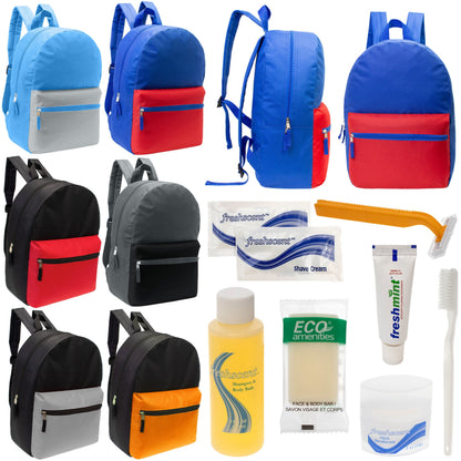 12 17 'Klassische Rucksäcke in 6 zwei Tonfarben & Ihre Wahl von 12 Bulk Hygiene Kits - Wholesale PFLEGE Package: Obdachlos, Notfall, Wohltätigkeit