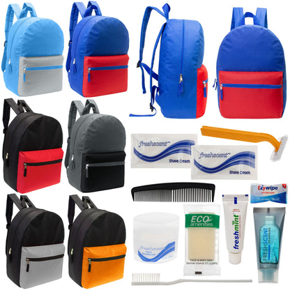 12 17 'Klassische Rucksäcke in 6 zwei Tonfarben & Ihre Wahl von 12 Bulk Hygiene Kits - Wholesale PFLEGE Package: Obdachlos, Notfall, Wohltätigkeit