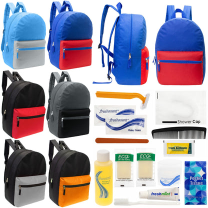 12 17 'Klassische Rucksäcke in 6 zwei Tonfarben & Ihre Wahl von 12 Bulk Hygiene Kits - Wholesale PFLEGE Package: Obdachlos, Notfall, Wohltätigkeit