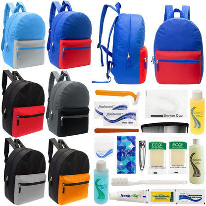 12 17 'Klassische Rucksäcke in 6 zwei Tonfarben & Ihre Wahl von 12 Bulk Hygiene Kits - Wholesale PFLEGE Package: Obdachlos, Notfall, Wohltätigkeit