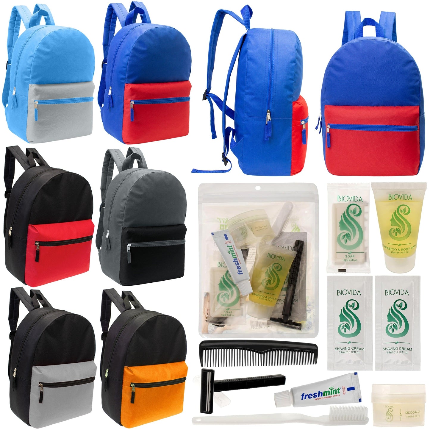 12 17 'Klassische Rucksäcke in 6 zwei Tonfarben & Ihre Wahl von 12 Bulk Hygiene Kits - Wholesale PFLEGE Package: Obdachlos, Notfall, Wohltätigkeit