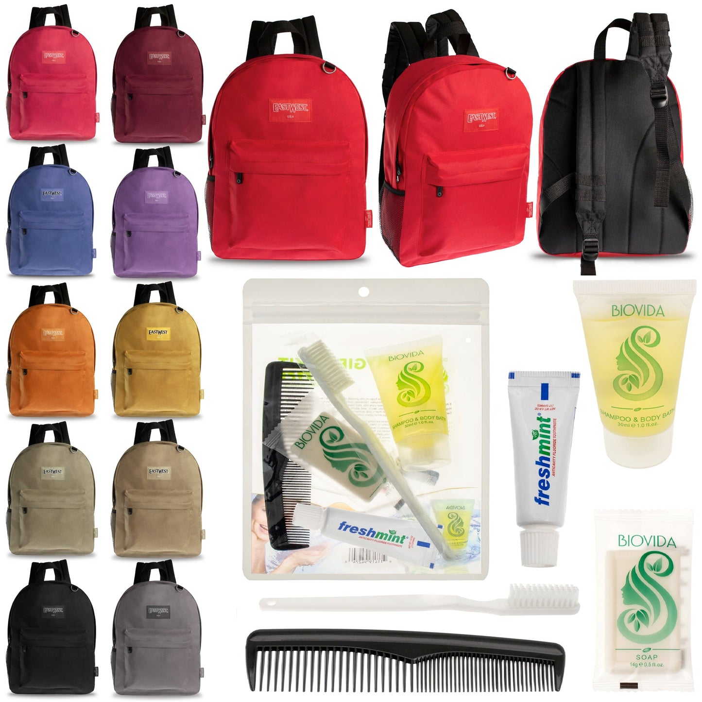 12 Diamond Patch 17 Rucksäcke in mehrfarbigen und Ihrer Wahl von 12 Bulk Hygiene Kits - Wholesale PFLEGE Package: Obdachlos, Notfall, Wohltätigkeit