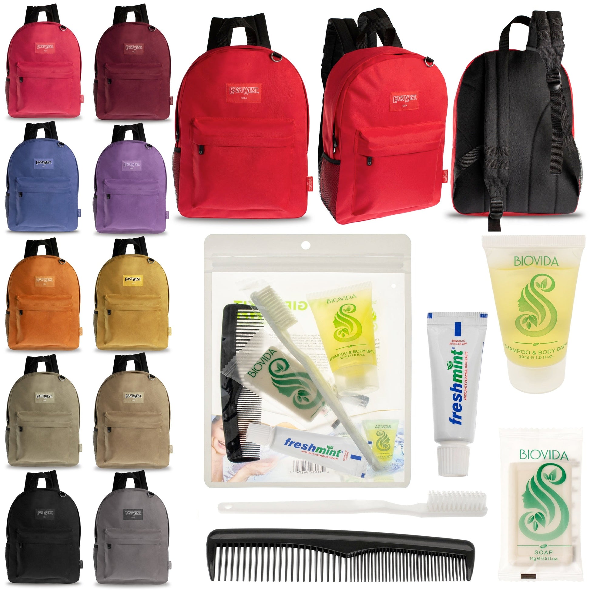 12 Diamond Patch 17 Rucksäcke in mehrfarbigen und Ihrer Wahl von 12 Bulk Hygiene Kits - Wholesale PFLEGE Package: Obdachlos, Notfall, Wohltätigkeit
