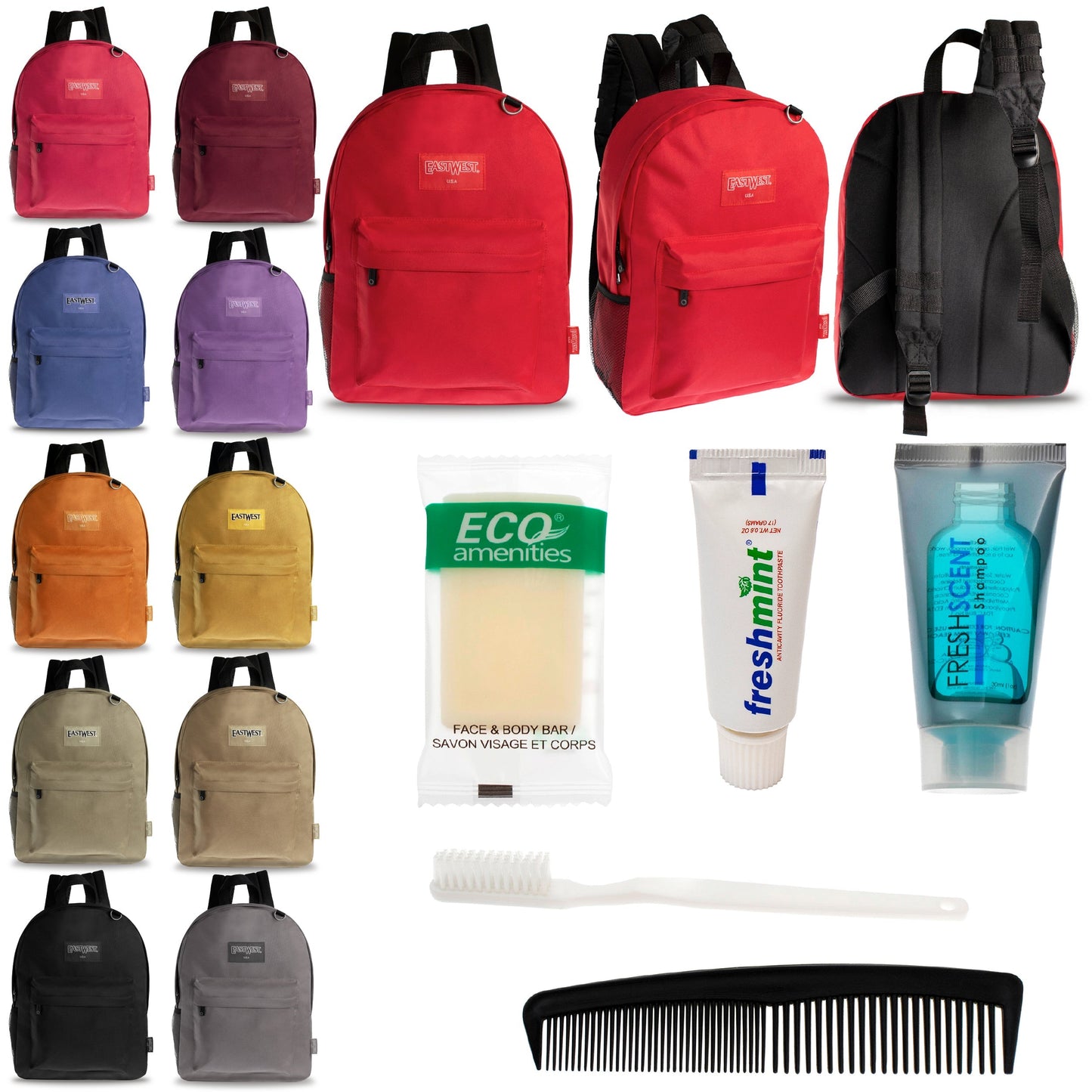12 Diamond Patch 17 Rucksäcke in mehrfarbigen und Ihrer Wahl von 12 Bulk Hygiene Kits - Wholesale PFLEGE Package: Obdachlos, Notfall, Wohltätigkeit