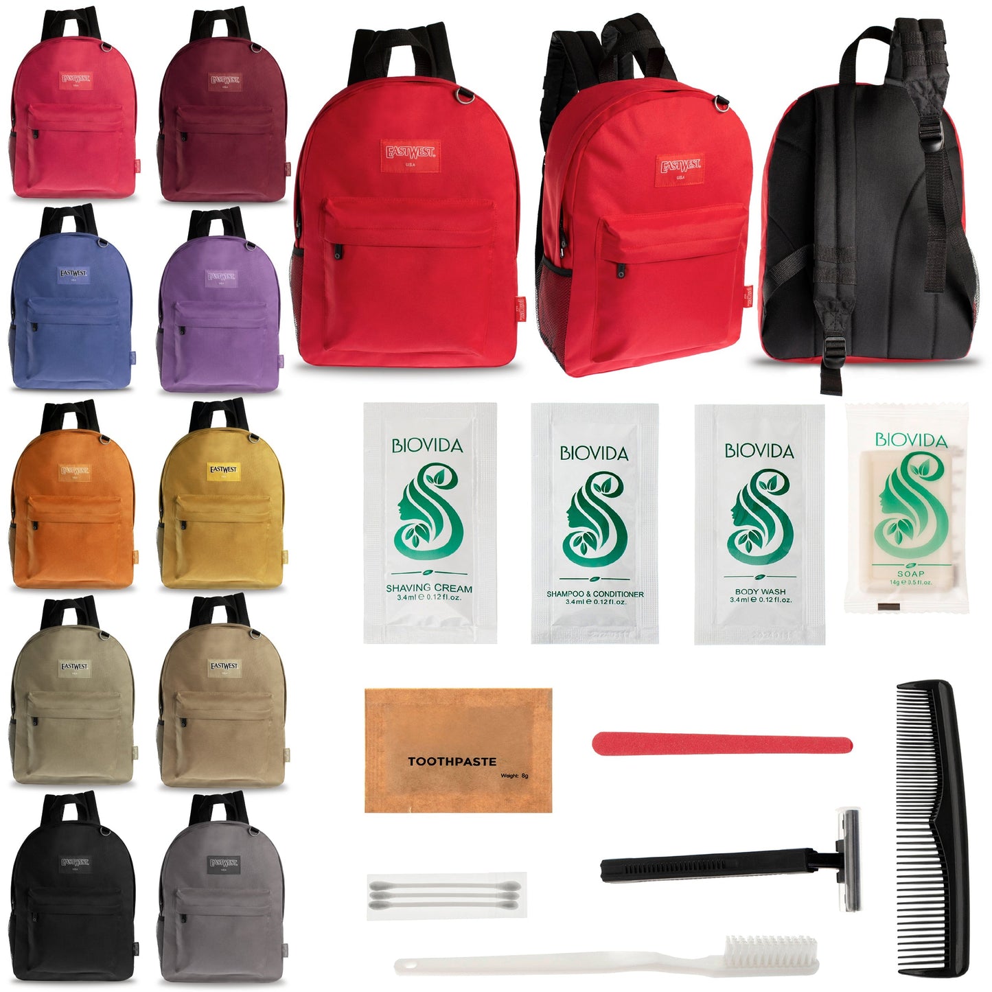 12 Diamond Patch 17 Rucksäcke in mehrfarbigen und Ihrer Wahl von 12 Bulk Hygiene Kits - Wholesale PFLEGE Package: Obdachlos, Notfall, Wohltätigkeit