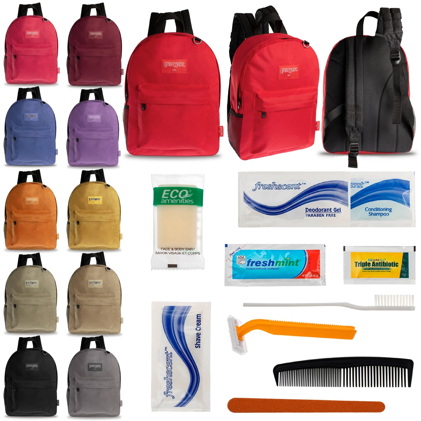 12 Diamond Patch 17 Rucksäcke in mehrfarbigen und Ihrer Wahl von 12 Bulk Hygiene Kits - Wholesale PFLEGE Package: Obdachlos, Notfall, Wohltätigkeit