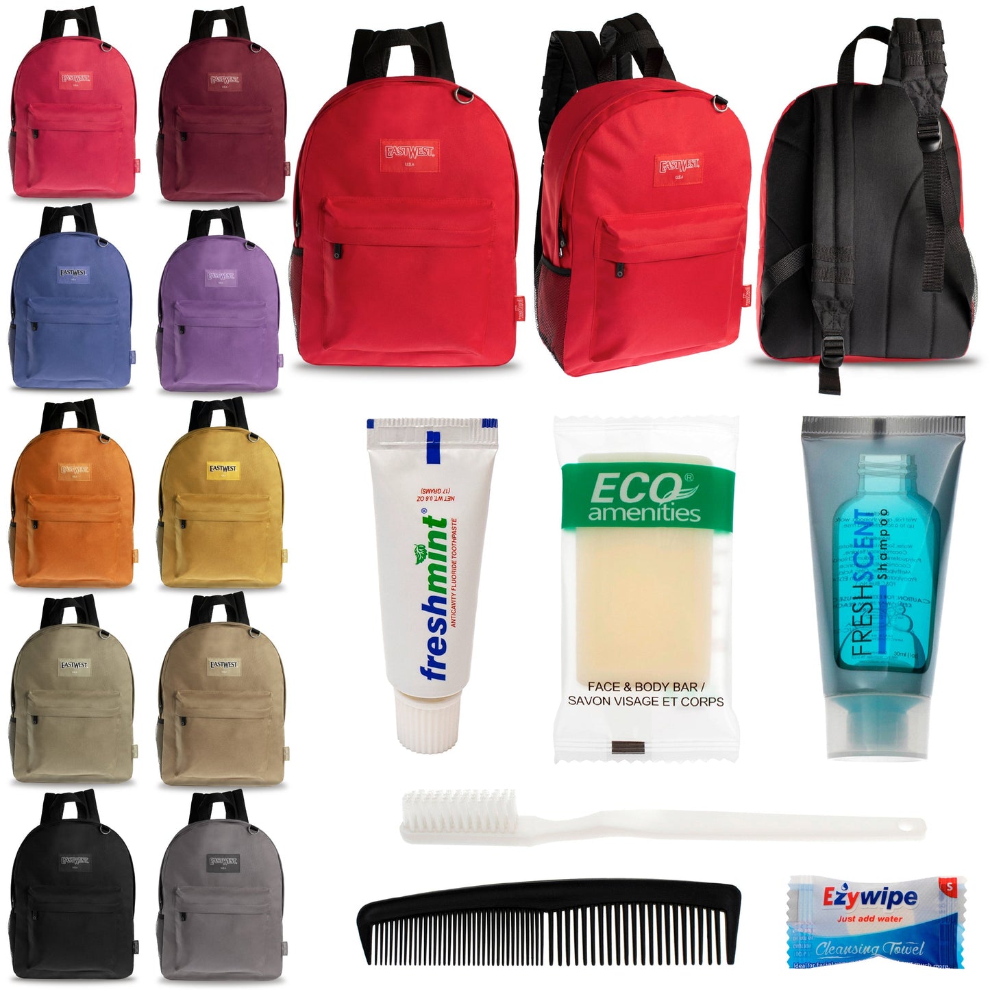 12 Diamond Patch 17 Rucksäcke in mehrfarbigen und Ihrer Wahl von 12 Bulk Hygiene Kits - Wholesale PFLEGE Package: Obdachlos, Notfall, Wohltätigkeit