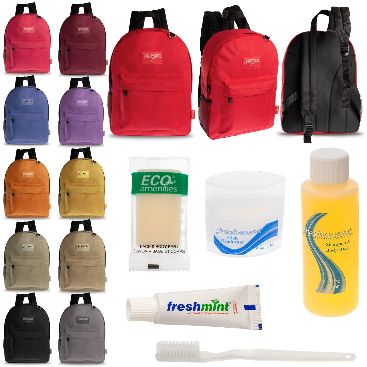 12 Diamond Patch 17 Rucksäcke in mehrfarbigen und Ihrer Wahl von 12 Bulk Hygiene Kits - Wholesale PFLEGE Package: Obdachlos, Notfall, Wohltätigkeit
