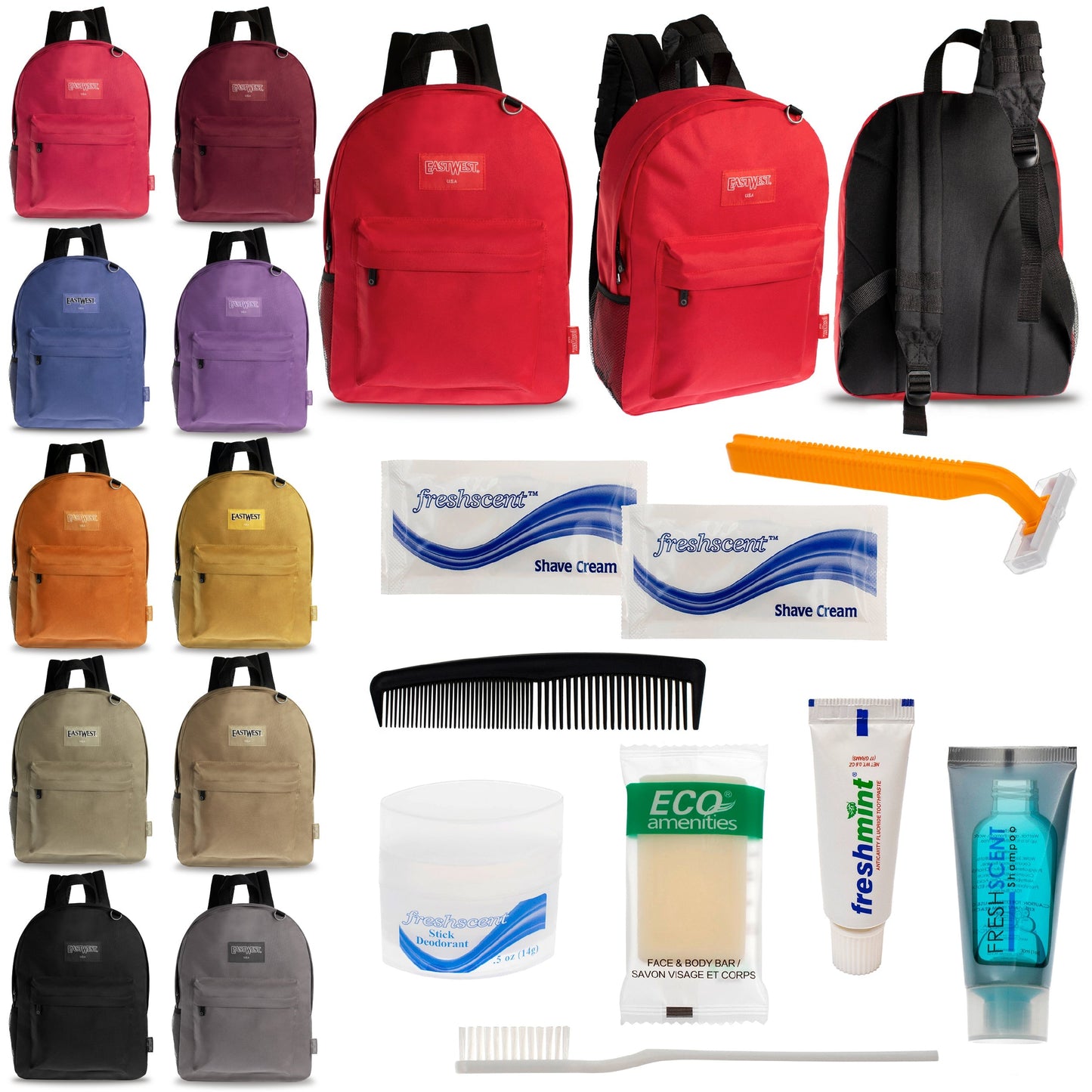 12 Diamond Patch 17 Rucksäcke in mehrfarbigen und Ihrer Wahl von 12 Bulk Hygiene Kits - Wholesale PFLEGE Package: Obdachlos, Notfall, Wohltätigkeit
