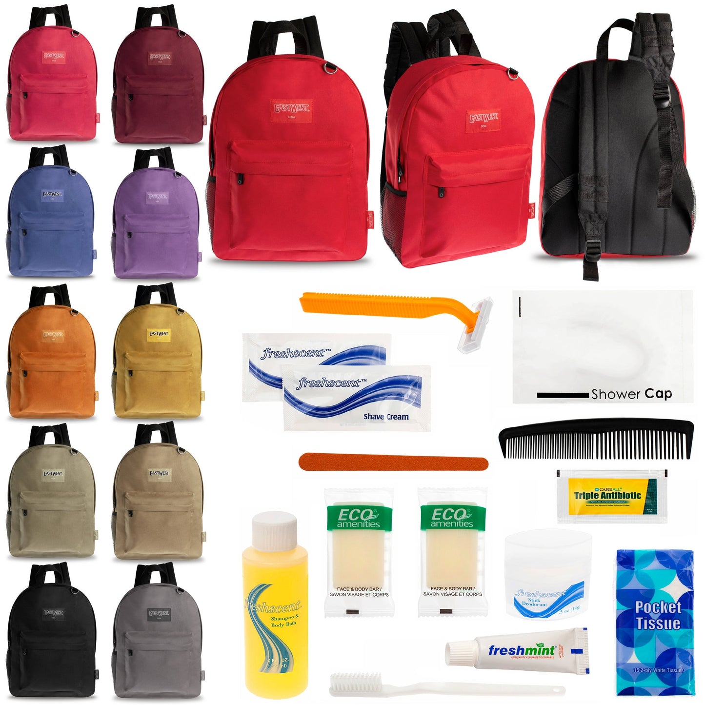 12 Diamond Patch 17 Rucksäcke in mehrfarbigen und Ihrer Wahl von 12 Bulk Hygiene Kits - Wholesale PFLEGE Package: Obdachlos, Notfall, Wohltätigkeit