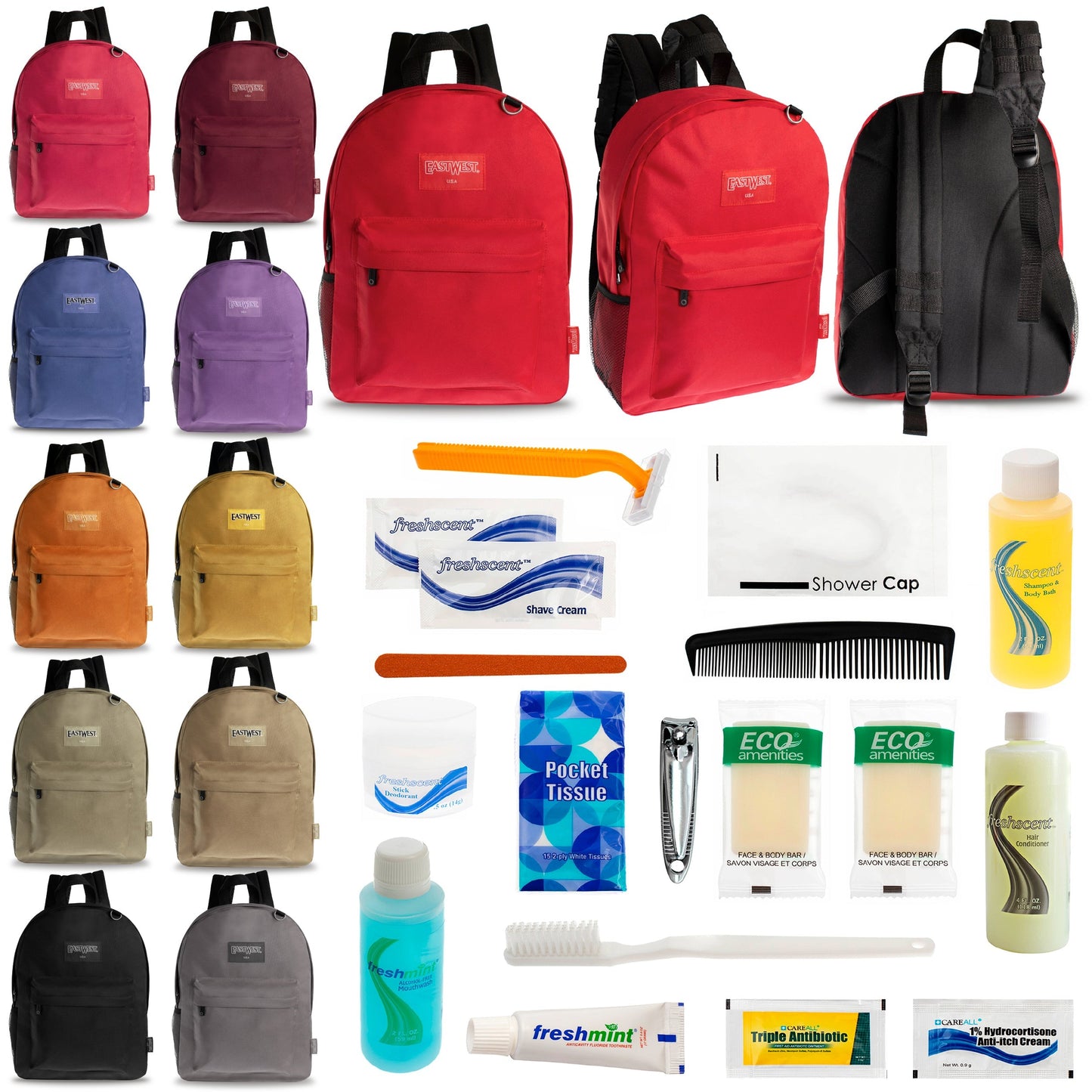 12 Diamond Patch 17 Rucksäcke in mehrfarbigen und Ihrer Wahl von 12 Bulk Hygiene Kits - Wholesale PFLEGE Package: Obdachlos, Notfall, Wohltätigkeit