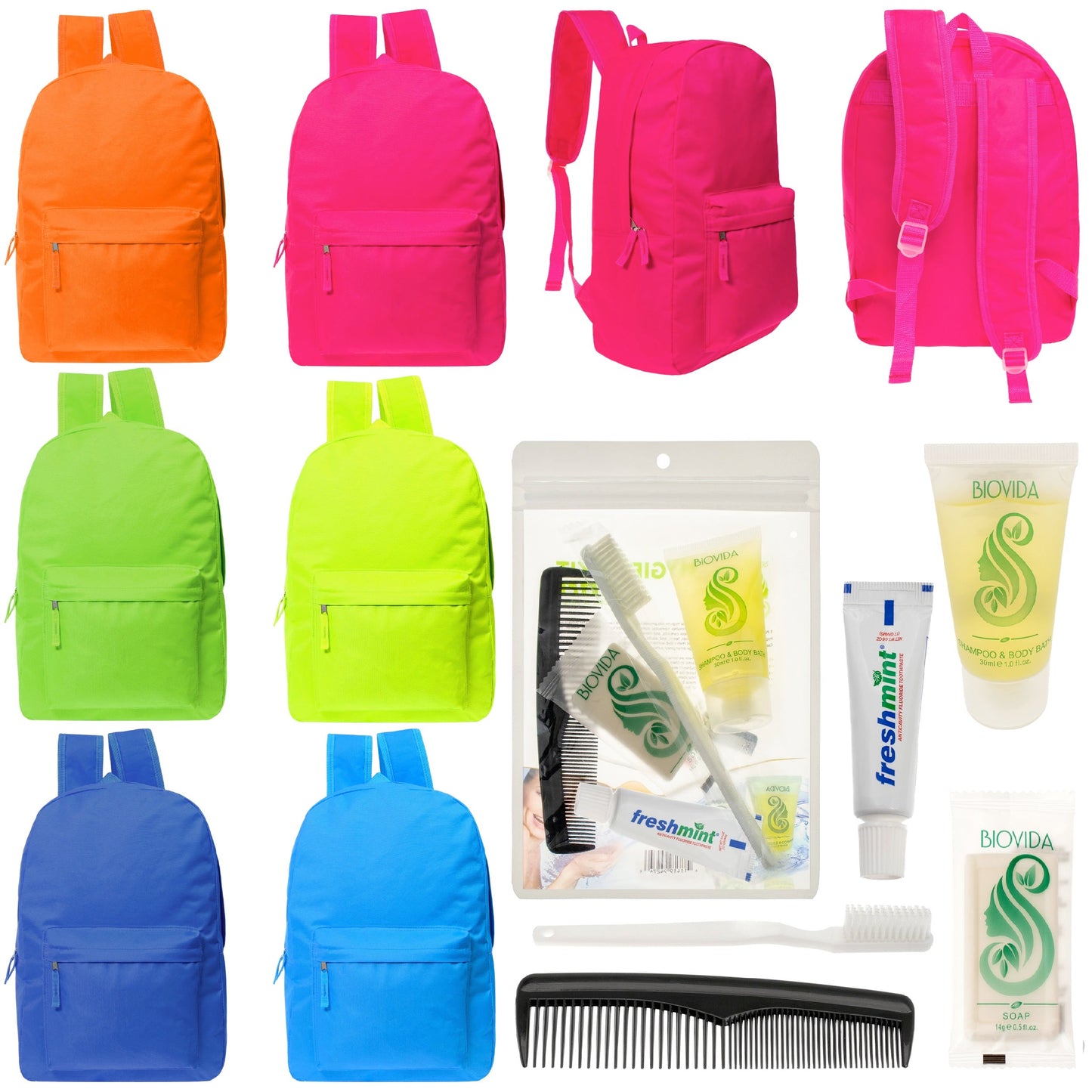 12 helle 17 'Rucksäcke in 6 Farben & Ihre Wahl von 12 Bulk Hygiene Kits - Wholesale PFLEGE Package: Obdachlos, Notfall, Wohltätigkeit