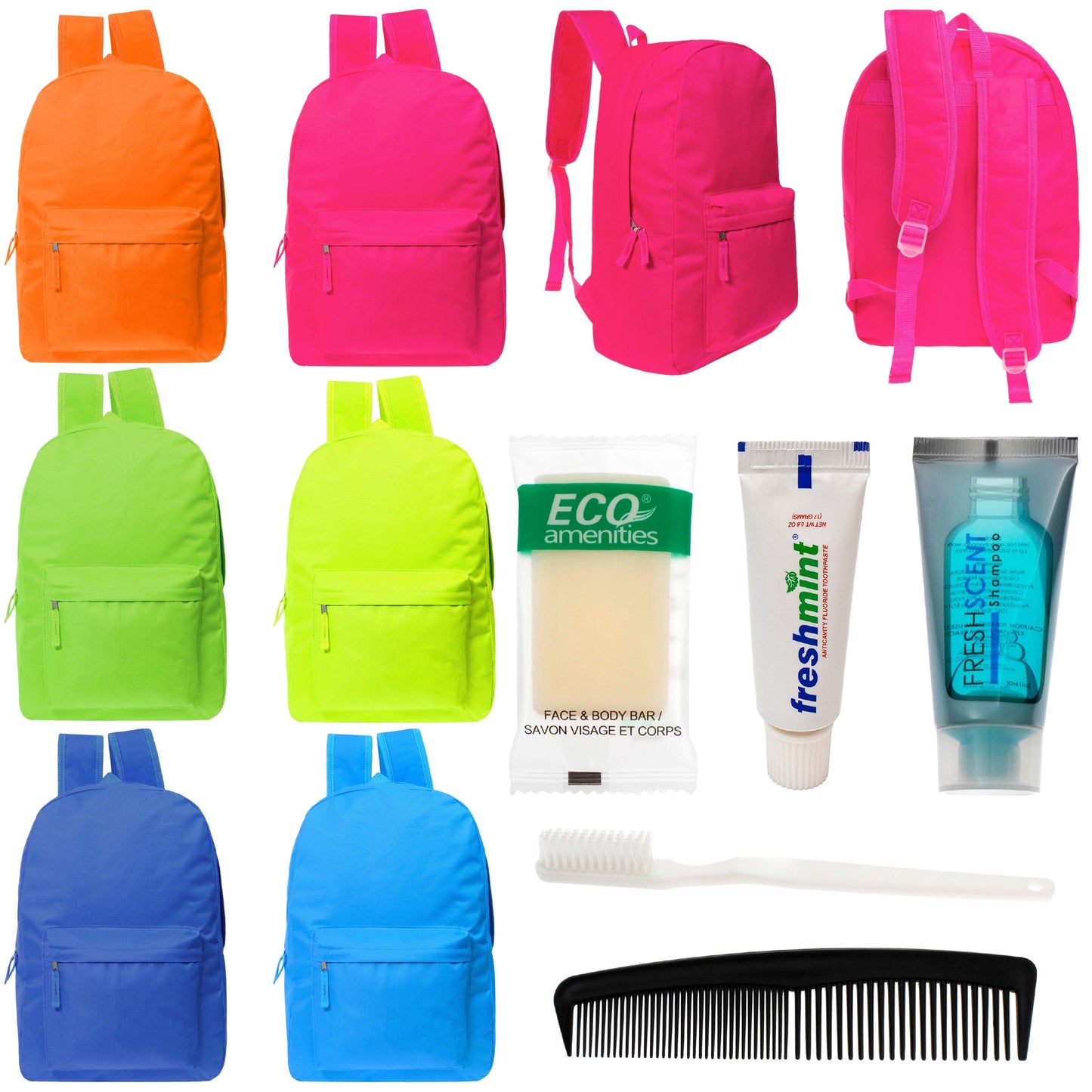 12 helle 17 'Rucksäcke in 6 Farben & Ihre Wahl von 12 Bulk Hygiene Kits - Wholesale PFLEGE Package: Obdachlos, Notfall, Wohltätigkeit