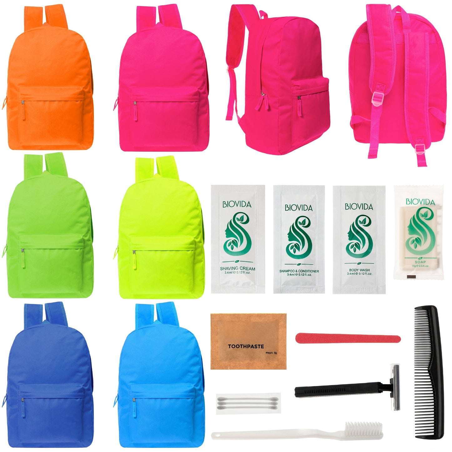 12 helle 17 'Rucksäcke in 6 Farben & Ihre Wahl von 12 Bulk Hygiene Kits - Wholesale PFLEGE Package: Obdachlos, Notfall, Wohltätigkeit