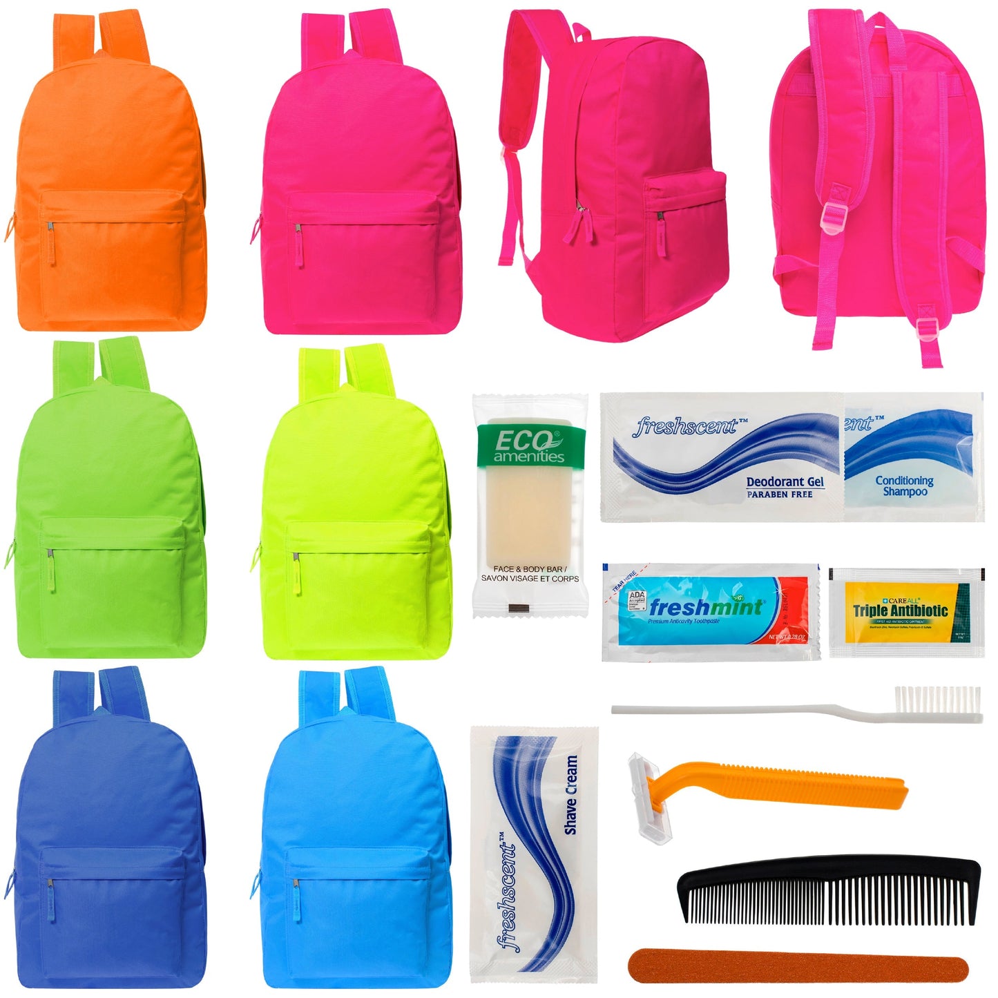 12 helle 17 'Rucksäcke in 6 Farben & Ihre Wahl von 12 Bulk Hygiene Kits - Wholesale PFLEGE Package: Obdachlos, Notfall, Wohltätigkeit
