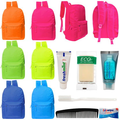 12 helle 17 'Rucksäcke in 6 Farben & Ihre Wahl von 12 Bulk Hygiene Kits - Wholesale PFLEGE Package: Obdachlos, Notfall, Wohltätigkeit