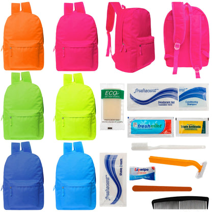 12 helle 17 'Rucksäcke in 6 Farben & Ihre Wahl von 12 Bulk Hygiene Kits - Wholesale PFLEGE Package: Obdachlos, Notfall, Wohltätigkeit