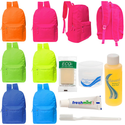 12 helle 17 'Rucksäcke in 6 Farben & Ihre Wahl von 12 Bulk Hygiene Kits - Wholesale PFLEGE Package: Obdachlos, Notfall, Wohltätigkeit