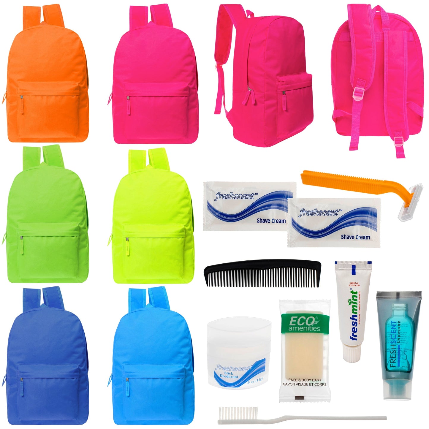 12 helle 17 'Rucksäcke in 6 Farben & Ihre Wahl von 12 Bulk Hygiene Kits - Wholesale PFLEGE Package: Obdachlos, Notfall, Wohltätigkeit