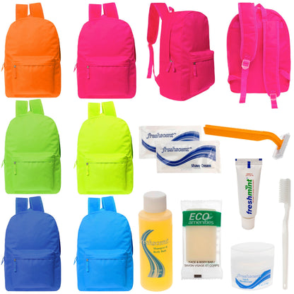 12 helle 17 'Rucksäcke in 6 Farben & Ihre Wahl von 12 Bulk Hygiene Kits - Wholesale PFLEGE Package: Obdachlos, Notfall, Wohltätigkeit