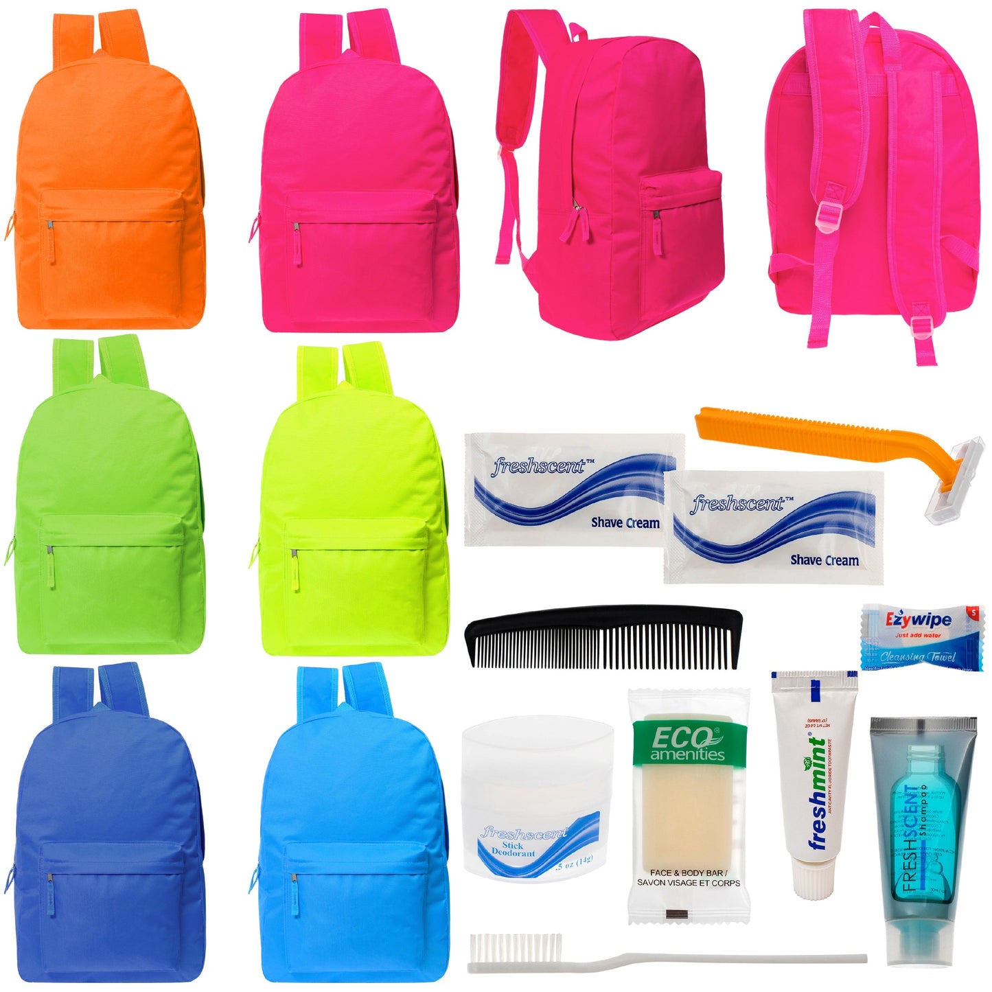 12 helle 17 'Rucksäcke in 6 Farben & Ihre Wahl von 12 Bulk Hygiene Kits - Wholesale PFLEGE Package: Obdachlos, Notfall, Wohltätigkeit