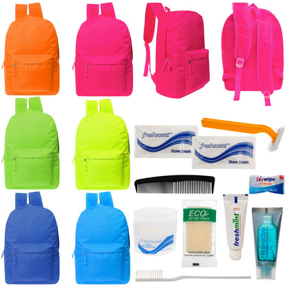 12 helle 17 'Rucksäcke in 6 Farben & Ihre Wahl von 12 Bulk Hygiene Kits - Wholesale PFLEGE Package: Obdachlos, Notfall, Wohltätigkeit