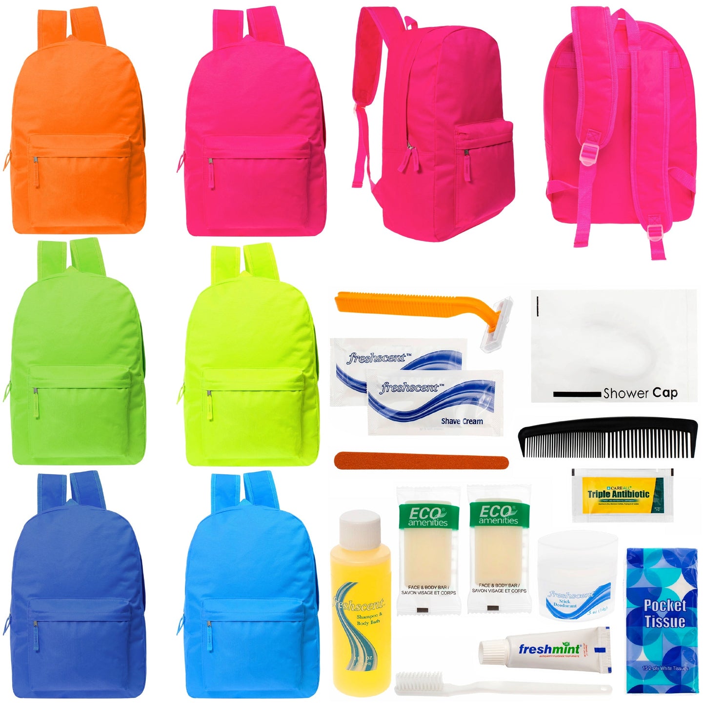 12 helle 17 'Rucksäcke in 6 Farben & Ihre Wahl von 12 Bulk Hygiene Kits - Wholesale PFLEGE Package: Obdachlos, Notfall, Wohltätigkeit