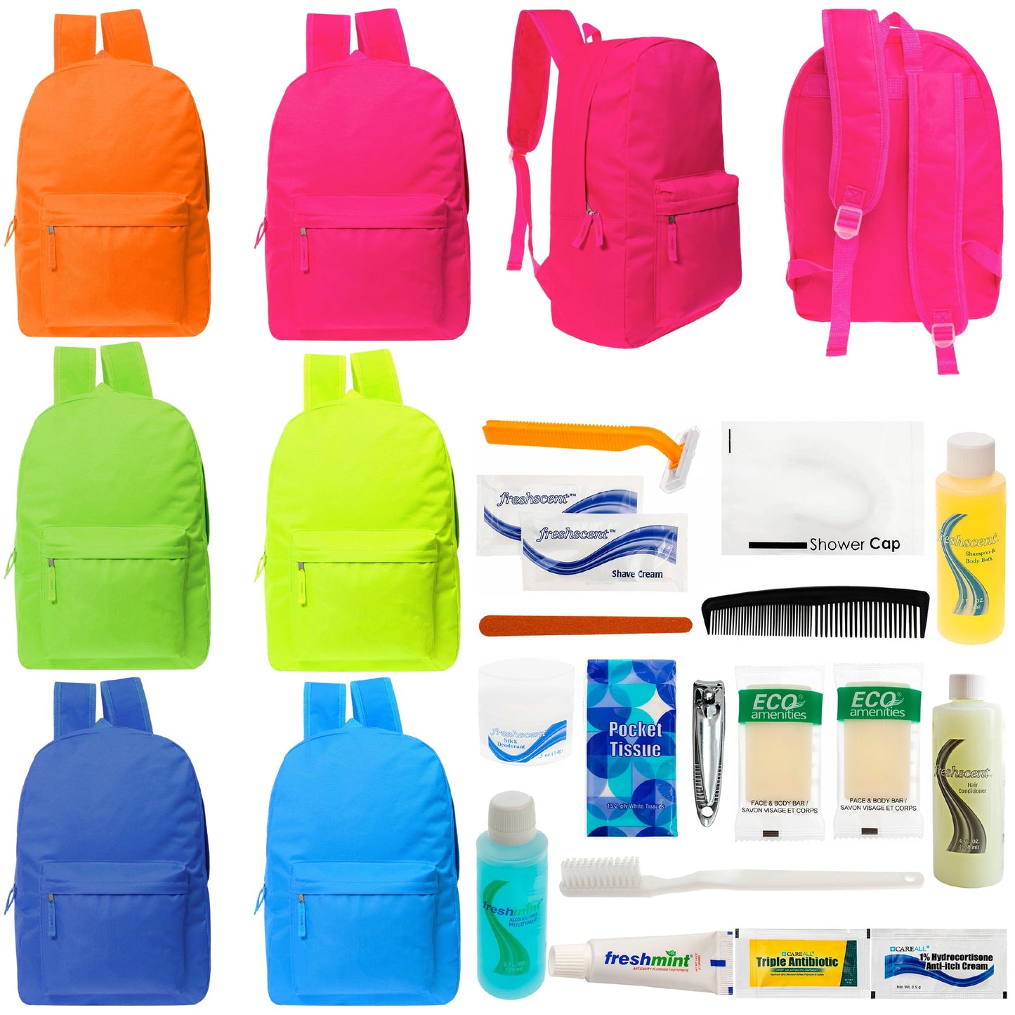 12 helle 17 'Rucksäcke in 6 Farben & Ihre Wahl von 12 Bulk Hygiene Kits - Wholesale PFLEGE Package: Obdachlos, Notfall, Wohltätigkeit